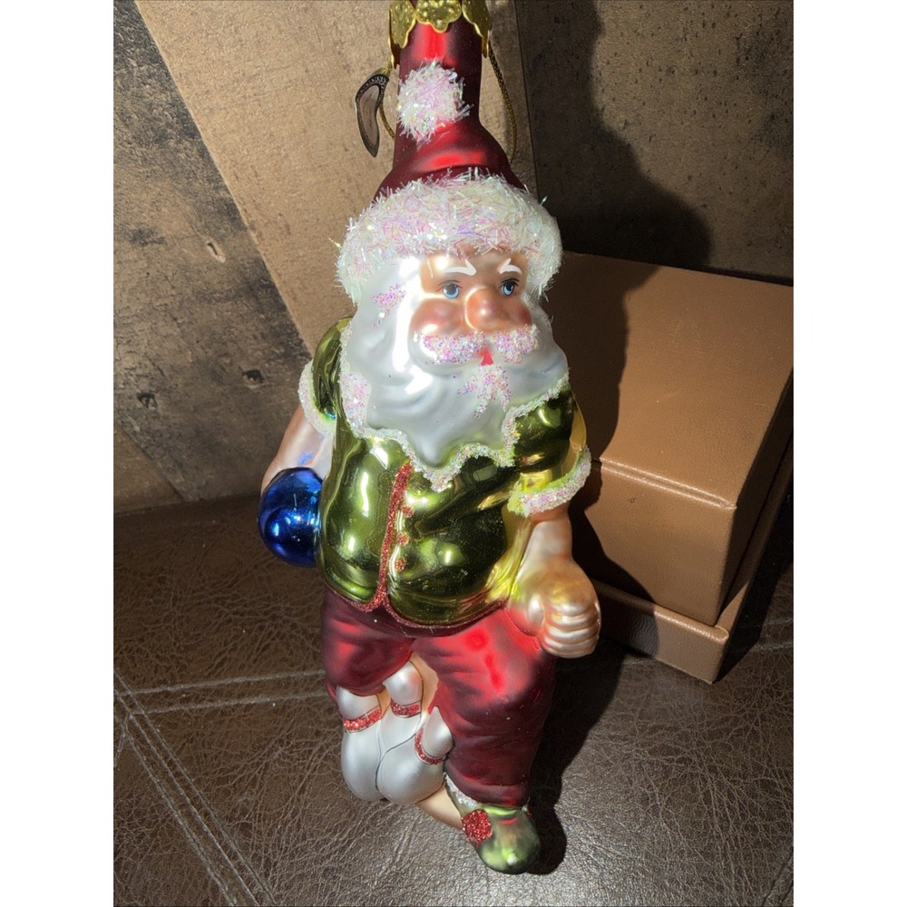 VTG BRN Blown Glass Santa Bowling Christmas Ornament Sports Hobby Bowling Ball